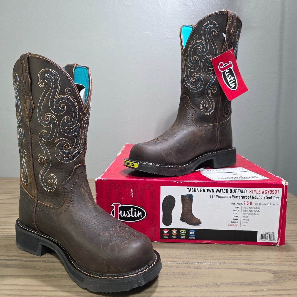 Justin‎ Boots Tasha Brown Water Buffalo GY991 11" Waterproof Steel Toe Size 7.5B